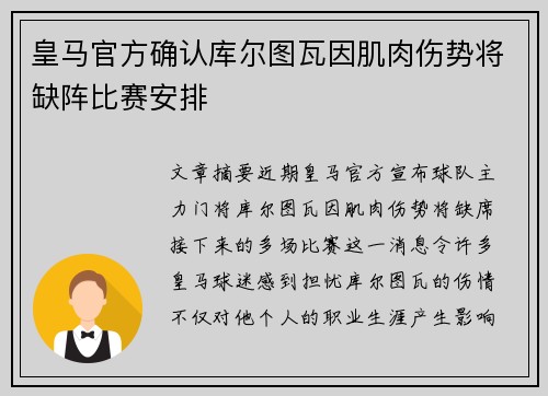 皇马官方确认库尔图瓦因肌肉伤势将缺阵比赛安排