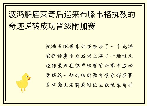 波鸿解雇莱奇后迎来布滕韦格执教的奇迹逆转成功晋级附加赛