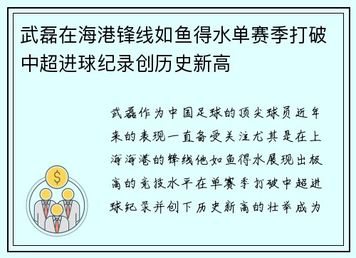武磊在海港锋线如鱼得水单赛季打破中超进球纪录创历史新高 武磊在海港锋线如鱼得水单赛季打破中超进球纪录创历史新高